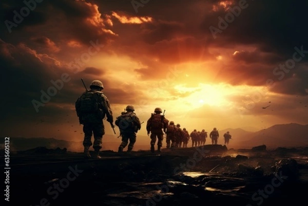 Fototapeta Brave Army during sunset. Generate Ai
