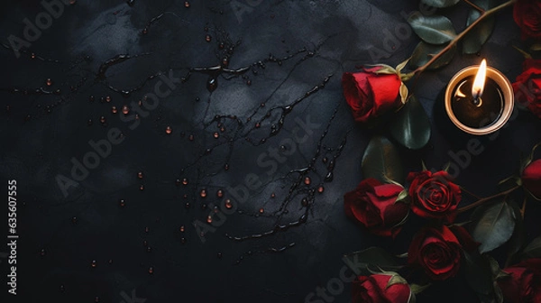Fototapeta Dead Roses in Gradient Red, Purple, and Black Petal Tones with Lit Candle Against Matte Black Background - Moody Lighting and Dark Academia/Witchy Aesthetic - Generative AI