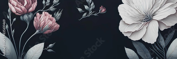 Fototapeta Template for invatation with white flowers and dark background. AI