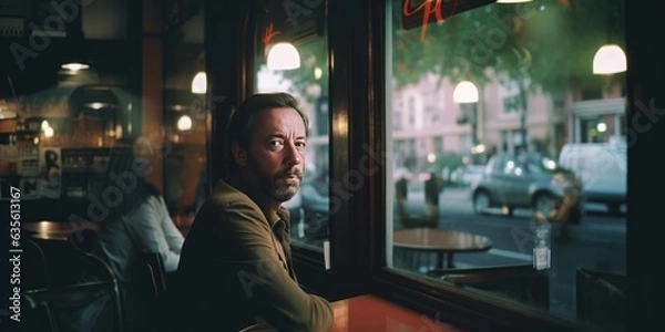 Fototapeta Bearded man sits at a table in a cafe by the window, ai art