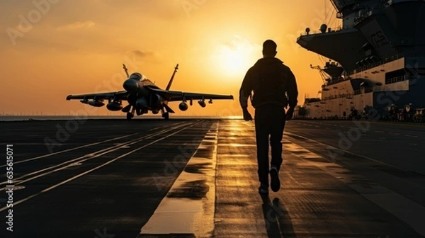 Fototapeta Pilot silhouette on an aircraft carrier walking towards fighter jets
