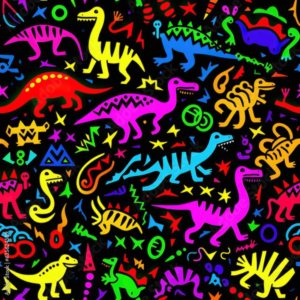 Fototapeta Cartoon dinosaur funny childish doodles repeat pattern