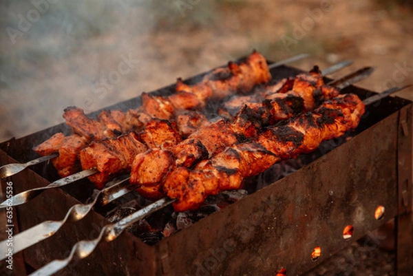Obraz Bright kebabs, outdoor recreation, meat on skewers.