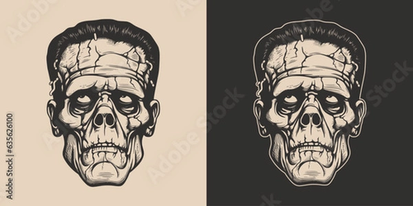 Fototapeta Vintage retro Halloween Zombie Dead Frankenstein Postacie Portret. Upiorny przerażający element horroru. Monochrome graficzna sztuka. Wektor. Ręcznie rysowane grawerowanie elementów