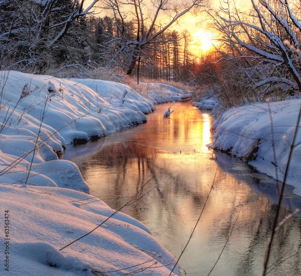 Obraz Forest River. winter sunset