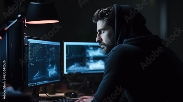 Fototapeta Programmer looking at monitor with smart eyes