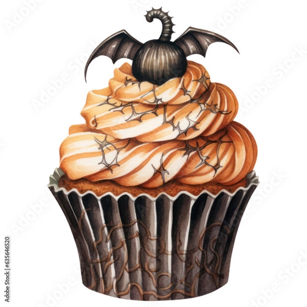 Obraz Delicious Vintage Halloween Cupcake Watercolor, Retro Sweet and Spooky Dessert, Pumpkin, Spider. Isolated on Transparent Background. Generative AI