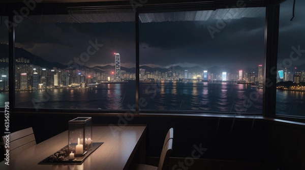 Fototapeta Night City View photo from upper floor hotel restaurant - Generative AI