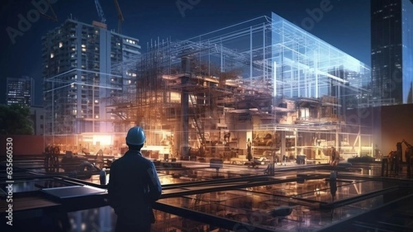 Fototapeta illustration of digital design of buildings with graphic design, Working civil engineers, architects or construction workers, double exposure
