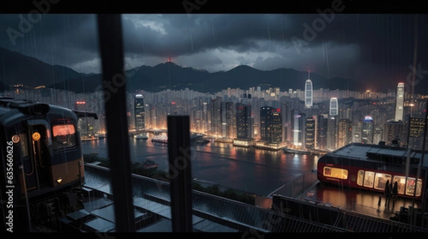 Fototapeta city at night photo from train track - Generative AI