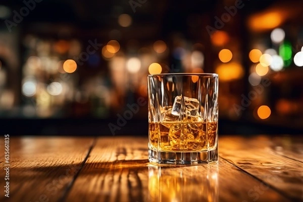 Fototapeta Smooth whiskey glass on bar table with ice, Generative AI