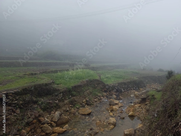 Fototapeta china foggy moutain farm