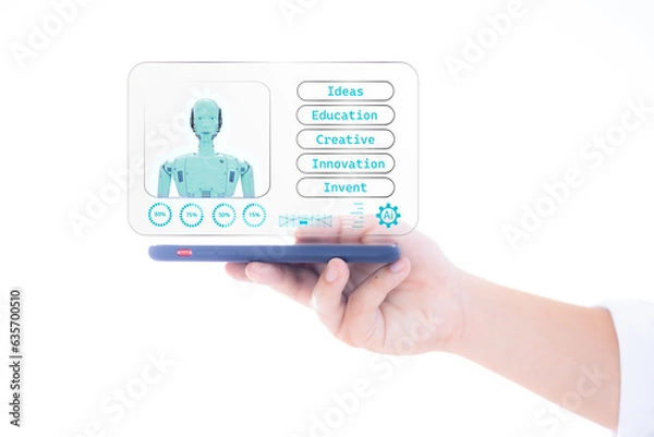 Obraz ai digital bots on smartphones to access information in online networks Holographic robot applications and innovative AI and artificial intelligence technology for global connectivity.