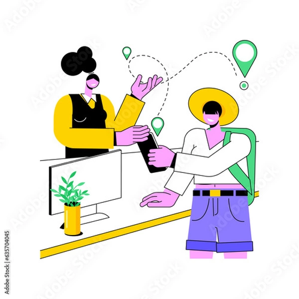 Obraz Hostel customer service isolated cartoon vector illustrations. Hostel receptionist giving instructions to customer, explaining the way, hospitality business, traveler check-in vector cartoon.