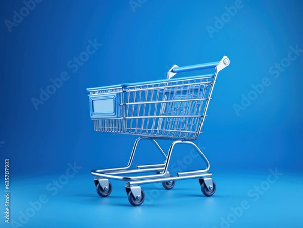 Fototapeta 3D rendering of a shopping cart on a blue background. Silver shopping basket. Buying and selling concept.