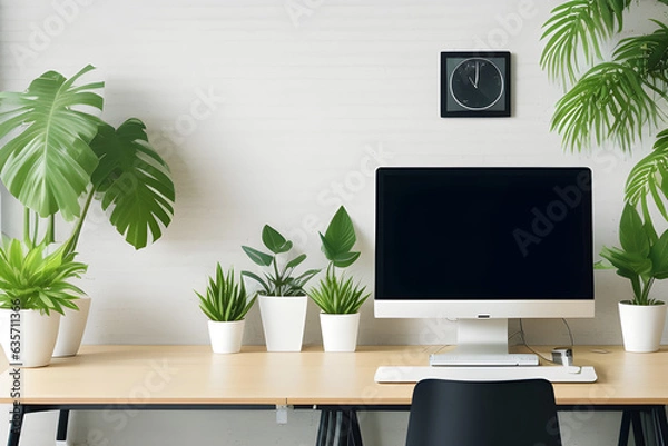 Fototapeta Blank screen of monitor in computer on wooden office desk in stylish business room with white wall and mock up. Light interior of office space with plants and laptop in vintage style.
