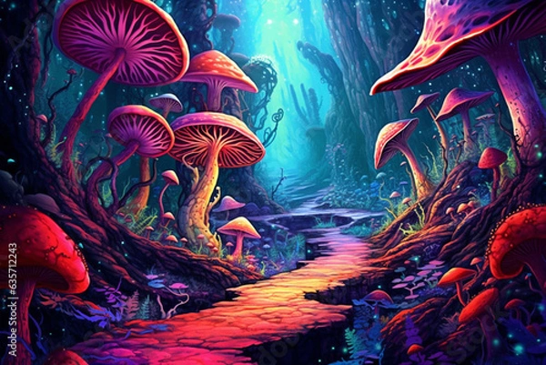 Fototapeta Fairy path surrounded by mushrooms in a world of strange states of mind