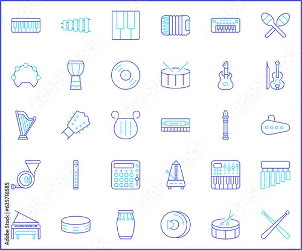 Fototapeta Simple Set of music instrument Related Vector Line Icons. Vector collection of sound, piano, guitar, accordion, oboe, saxophone, drum, marimba, xylophone and design elements symbols