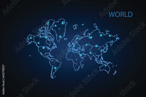Obraz Map of World. Wire frame 3D mesh polygonal network line, design sphere, dot and structure. communications map of World. Vector Illustration EPS10.
