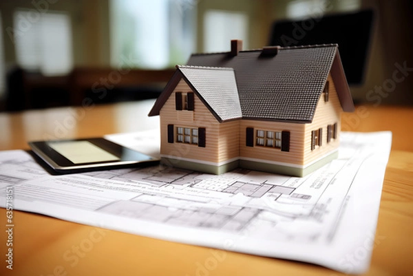 Fototapeta Real estate inspection report laying on table, real estate broker agent with house model. Concept of new housing, real estate and mortgage