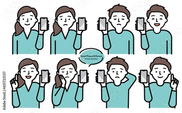 Fototapeta シンプルおしゃれなスマホ・スマートフォンを持つ男女の人物ベクターイラストセット_笑顔・困る・悩む表情_青緑