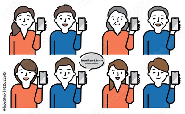 Fototapeta シンプルおしゃれなスマホ・スマートフォンを持つ男女・シニア・子供の人物ベクターイラスト素材セット_赤青_家族・老若男女