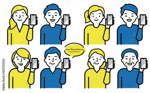 Fototapeta シンプルおしゃれなスマホ・スマートフォンを持つ男女・シニア・子供の人物ベクターイラスト素材セット_黄色・青_家族・ファミリー