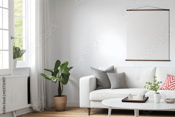Fototapeta White dining room with a blank poster, couch