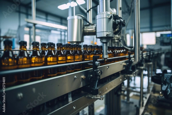 Fototapeta Factory for the production of beer. Brewery conveyor with glass beer drink alcohol bottles, modern production line. Blurred background. Modern production for bottling drinks. Selective focus.