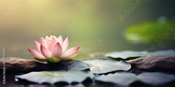 Fototapeta Meditation background with a pink lotus flower and large space for copy or text