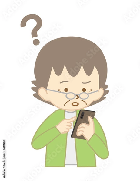 Fototapeta スマートフォンの操作に悩むシニアの女性