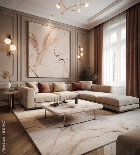 Obraz Modern living room showcasing a chic sofa close-up, sleek design, and hardwood floors.
