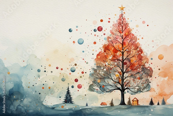 Fototapeta Pretty fantasy style christmas background with space for text. Watercolour style image of one large tree and small trees with baubles in the air,  a watercolour wash background, great for social media