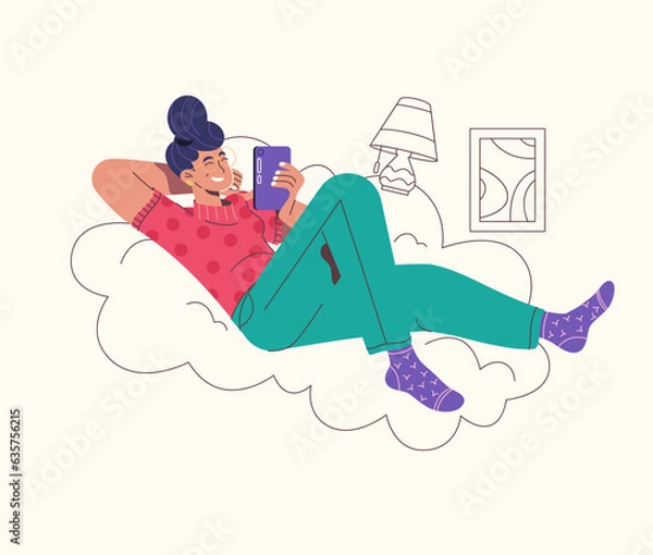 Fototapeta Happy woman listening to relaxing music. Girl enjoying calm songs records in headphones. Person among sky and clouds with lounge tunes, sounds.Flat vector illustration isolated background