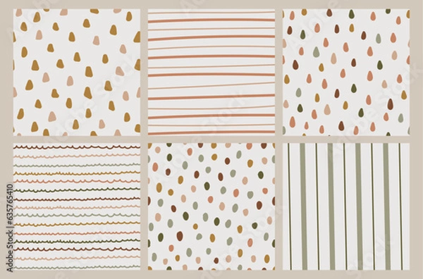 Fototapeta Hand drawn cute set of abstract pattern. Gender neutral print in pastel colors. Naive baby style. Boho drops, stripes, smears, dots. Scandinavian decor for the nursery, baby shower, textiles, clothes