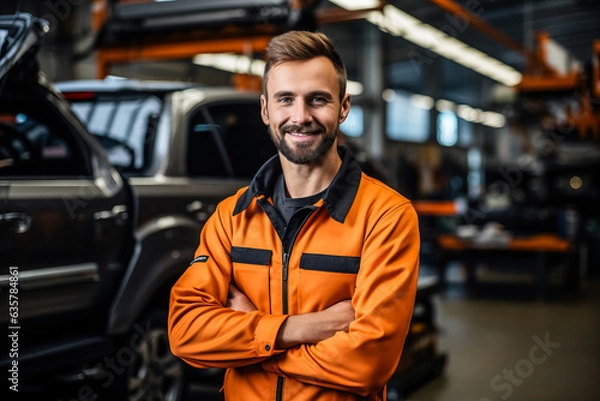 Fototapeta Auto mechanic with wrench in a car workshop 