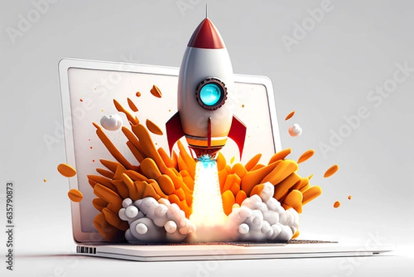 Fototapeta Rocket coming out of laptop screen. Generative ai design.