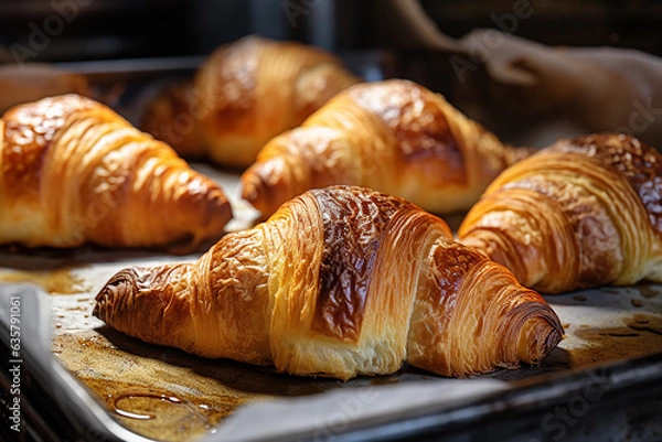 Fototapeta Some ready croissants taken out of the oven