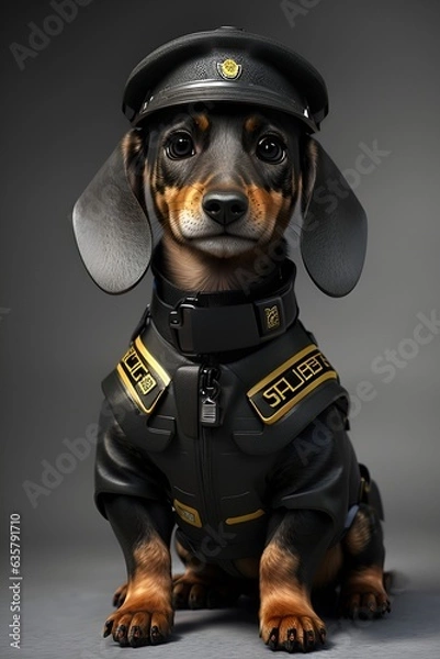 Fototapeta A dachshund wearing a police uniform, ready to save the day