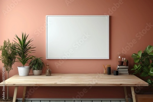 Fototapeta A white wall frame mockup positioned on a pink wall, placed above a wooden table. Photorealistic illustration, Generative AI