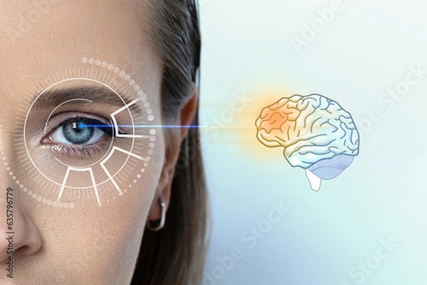 Fototapeta Female pupils and brain function, reveal a hidden signal about the work of your brain, light background, close-up