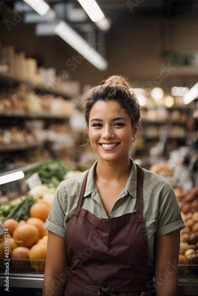 Fototapeta A woman store worker smiles. Retail store, grocery, bakery, pharmacy. Lady with an apron working in the market. Image created using artificial intelligence.