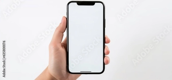 Fototapeta BLANK SCREEN SMARTPHONE MOCKUP, Mock-up, Template, Sample, Neutral background, Hand. Young adult male hand holding a smartphone model in vertical position. Close-up and focus on it and frontal view.