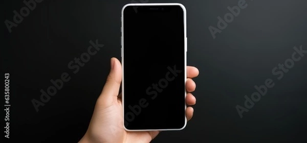 Fototapeta BLANK SCREEN SMARTPHONE MOCKUP, Mock-up, Template, Sample, Black background, Hand. Young male hand holding a smartphone model in vertical position. Close-up and focus on it and frontal view.