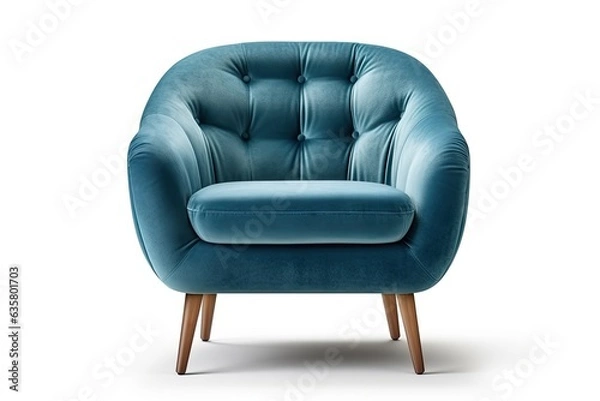 Fototapeta Blue velvet art deco armchair with wooden legs, isolated on white background. Front view, grey shadow. Collection of furniture.