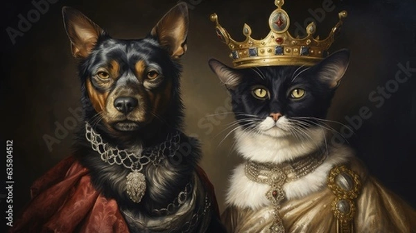 Fototapeta Cat, Dog, Emperor, Royal, King, Queen, Couple, Portrait, Medieval, Renaissance. KING PUPPY DOG AND QUEEN KITTY. A portrait of a royal couple of feline emperors dressed up in perfect Middle Ages style.