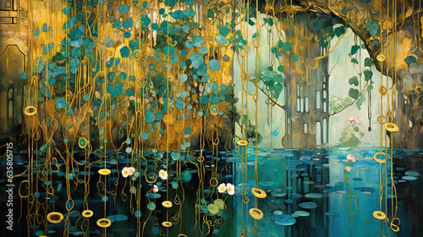 Obraz Beautiful nature scene with reflection on the water and a spot of sunlight shining through the hanging branches. High resolution panoramic wall art in art nouveau style.
