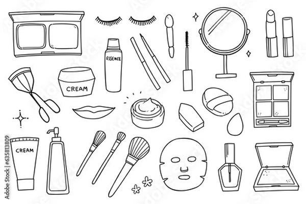 Obraz Hand-drawn rough line makeup tools motif set