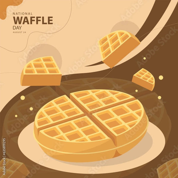 Fototapeta National Waffle Day on august 24 with vector illustration whole and sliced ​​waffles and text isolated on abstract background for commemorate and celebrate National Waffle Day. Suitable for poster etc