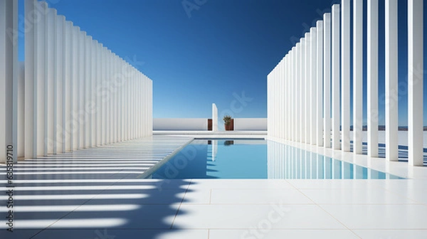 Obraz  White concrete marvel against a tranquil blue backdrop, the allure of contemporary design, generative AI